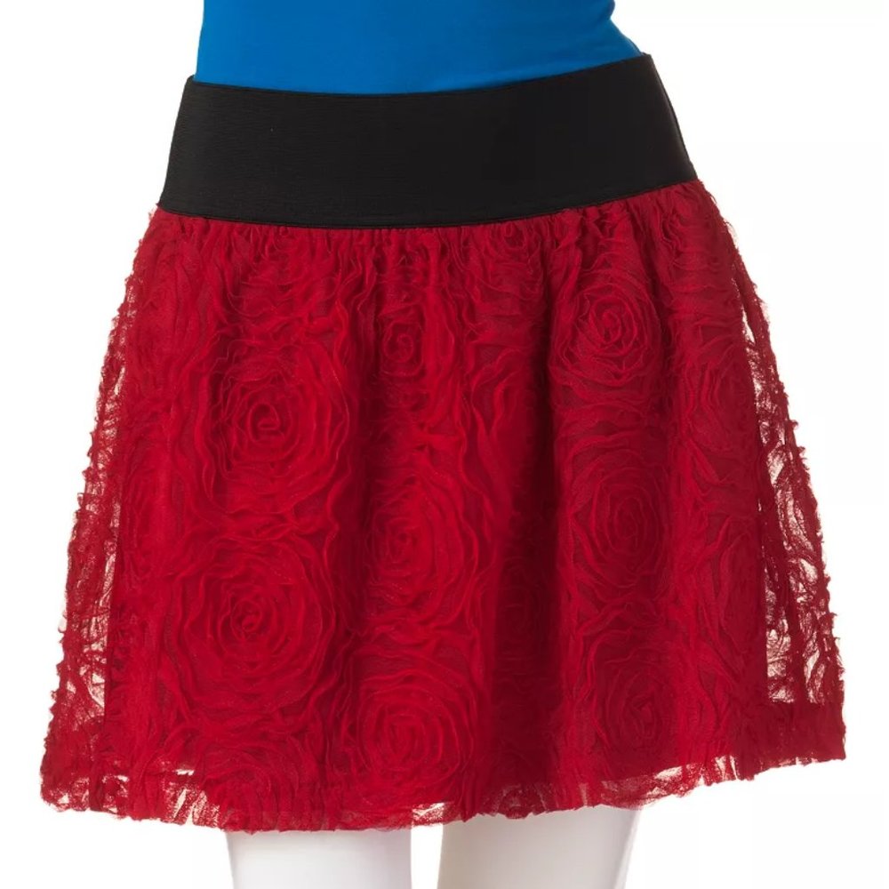 Red Rose Tulle Mini Skirt  Black Elastic Waist